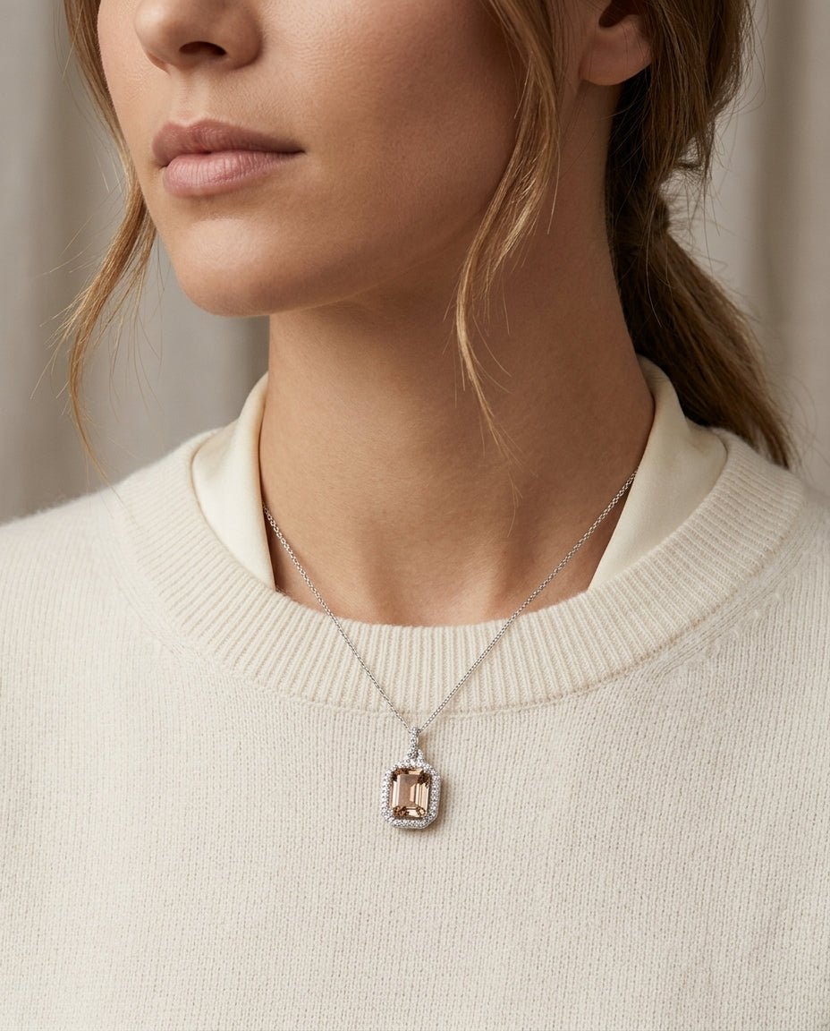 Citrine And Diamond Emerald Cut Halo Pendant With Cut Corners In 14k White Gold — editorial close-up