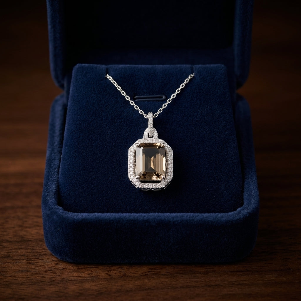 Citrine And Diamond Emerald Cut Halo Pendant With Cut Corners In 14k White Gold — gift presentation