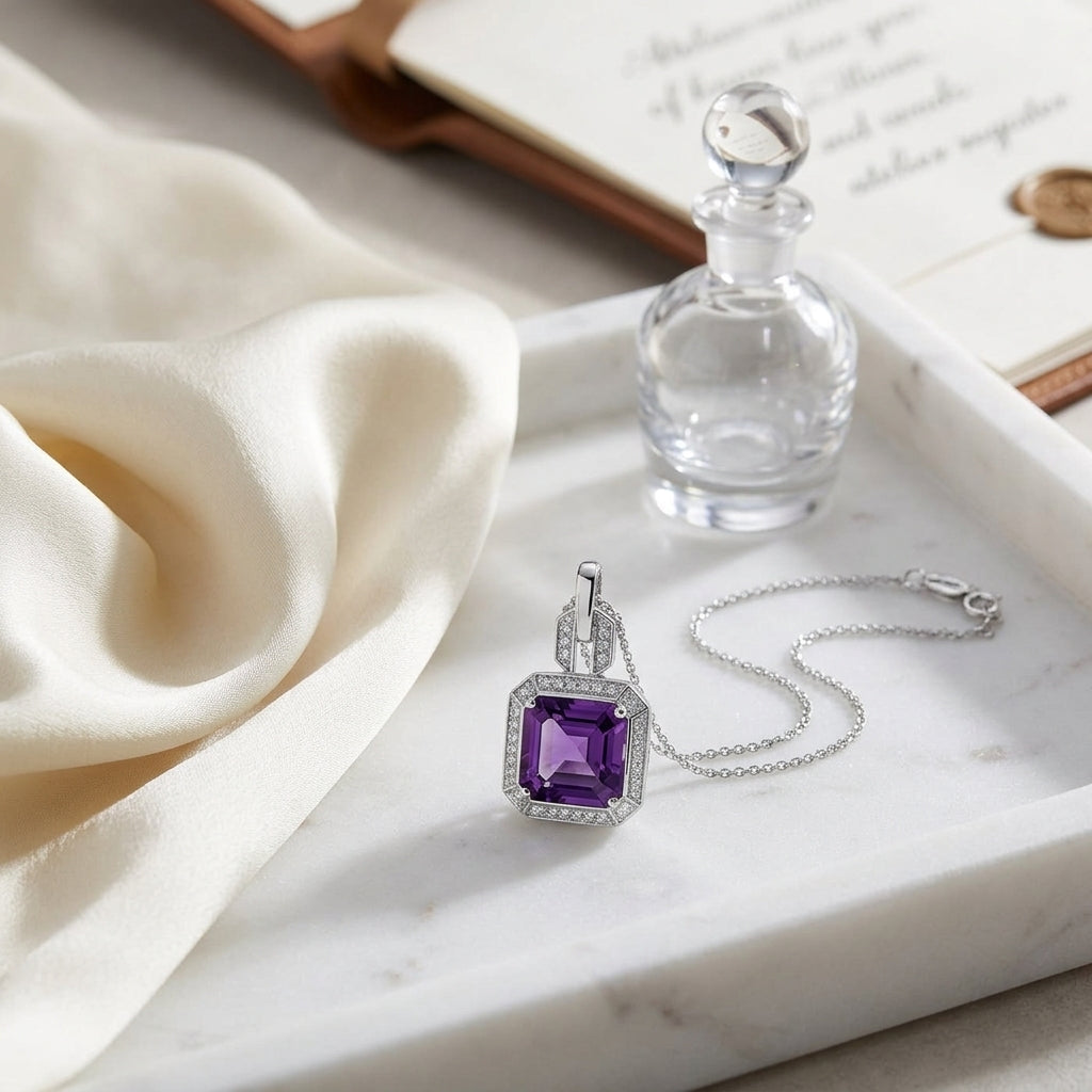 Amethyst And Diamond Pendant In 14k White Gold (9mm) — atelier still life