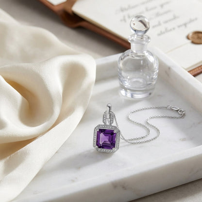 Amethyst And Diamond Pendant In 14k White Gold (9mm) — atelier still life