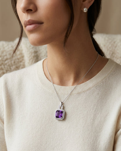 Amethyst And Diamond Pendant In 14k White Gold (9mm) — editorial close-up