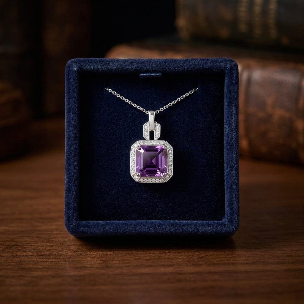 Amethyst And Diamond Pendant In 14k White Gold (9mm) — gift presentation