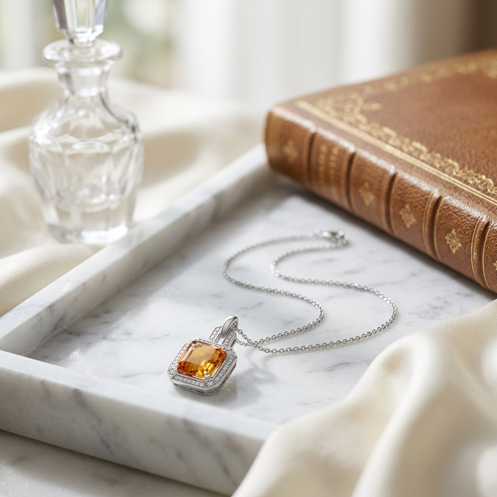 Citrine And Diamond Pendant In 14k White Gold (9mm) — atelier still life