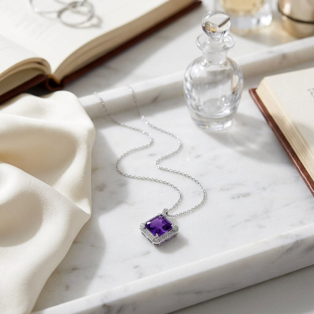 Amethyst And Diamond Pendant In 14k White Gold — atelier still life