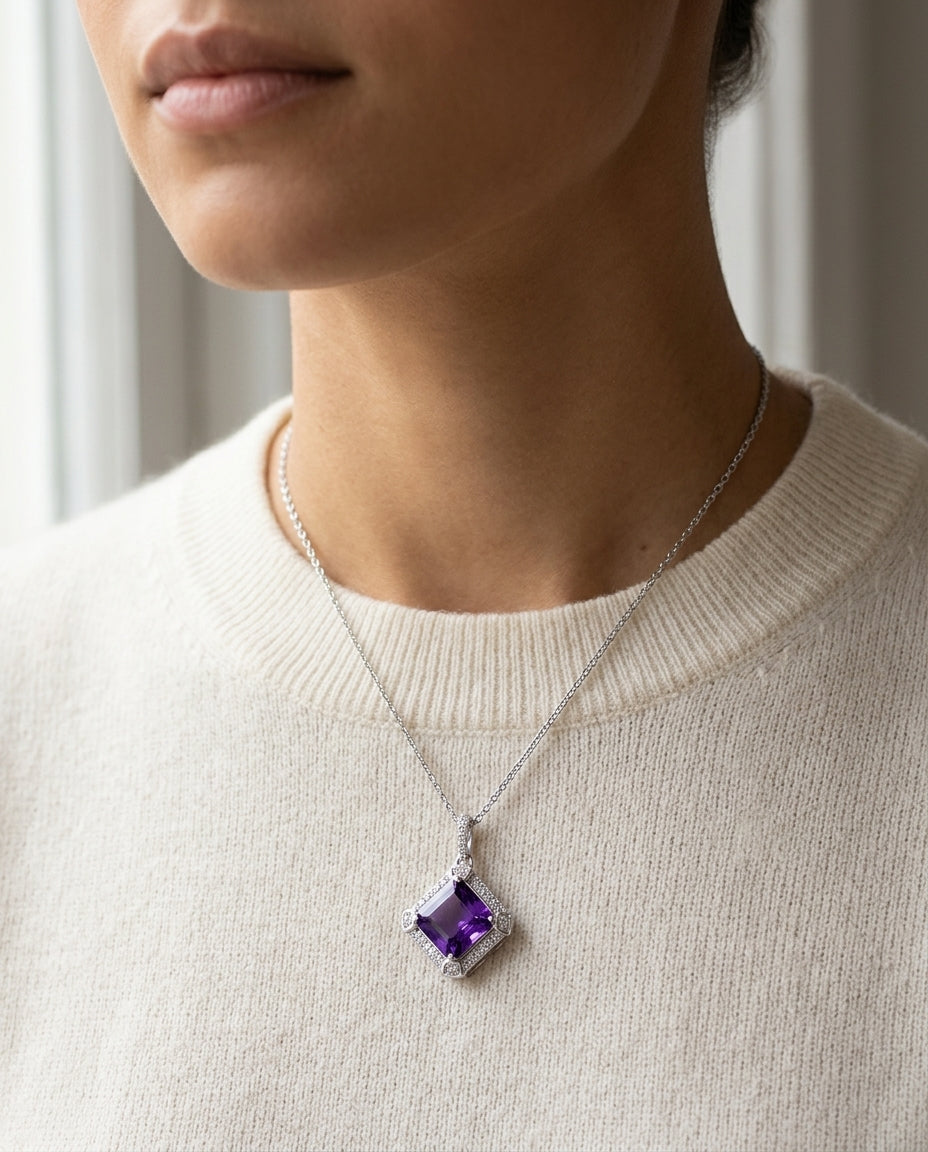 Amethyst And Diamond Pendant In 14k White Gold — editorial close-up