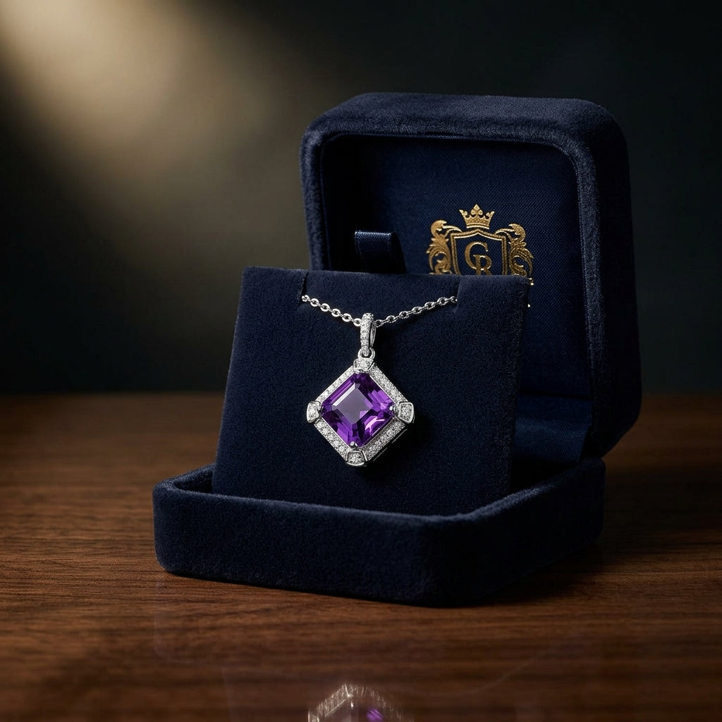 Amethyst And Diamond Pendant In 14k White Gold — gift presentation