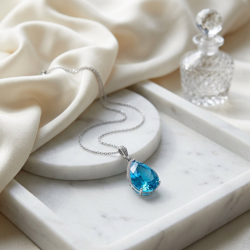 Blue Topaz Teardrop Pendant With Diamond Crest In 14k White Gold (18x13mm Center) — atelier still life