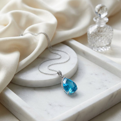 Blue Topaz Teardrop Pendant With Diamond Crest In 14k White Gold (18x13mm Center) — atelier still life