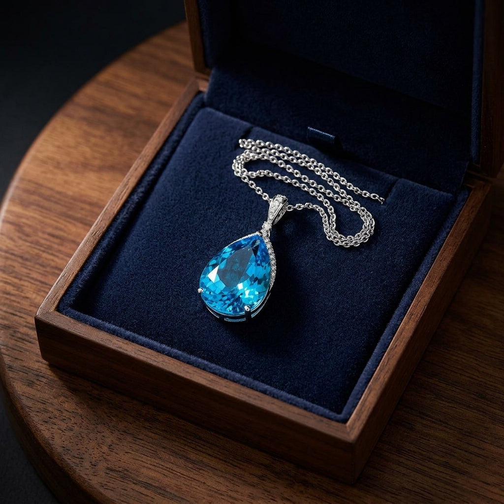 Blue Topaz Teardrop Pendant With Diamond Crest In 14k White Gold (18x13mm Center) — gift presentation