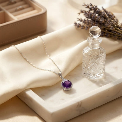 Amethyst And Diamond Round Halo Pendant With Bezel Accent In 14k White Gold — marble silk