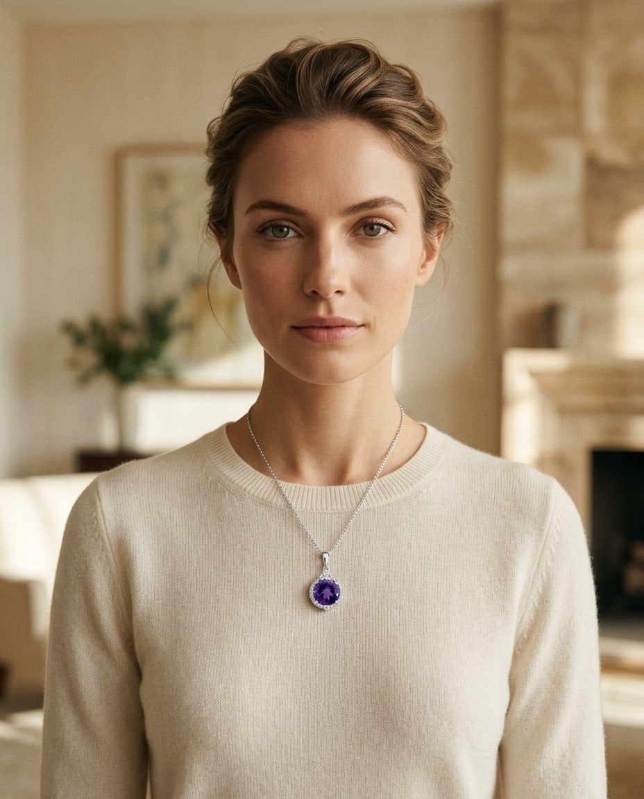 Amethyst And Diamond Round Halo Pendant With Bezel Accent In 14k White Gold — portrait close
