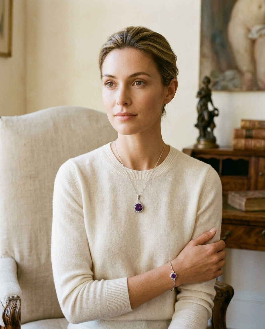 Amethyst And Diamond Round Halo Pendant With Bezel Accent In 14k White Gold — portrait full