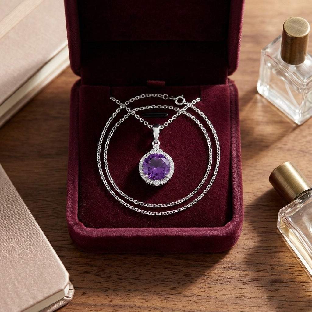 Amethyst And Diamond Round Halo Pendant With Bezel Accent In 14k White Gold — velvet box