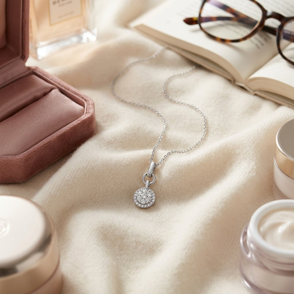 Diamond Bar-Link Bail Pendant in 14k White Gold — textile flat lay