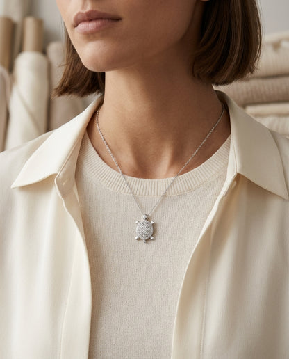 Diamond Turtle Pendant In 14k White Gold (18-in Curb Chain) — editorial close-up
