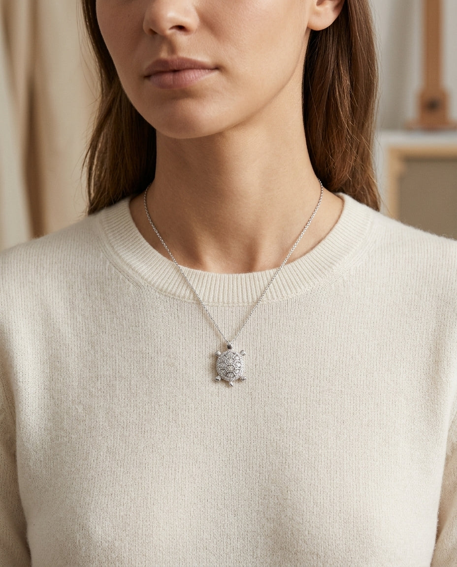 Diamond Turtle Pendant In 14k White Gold — editorial close-up