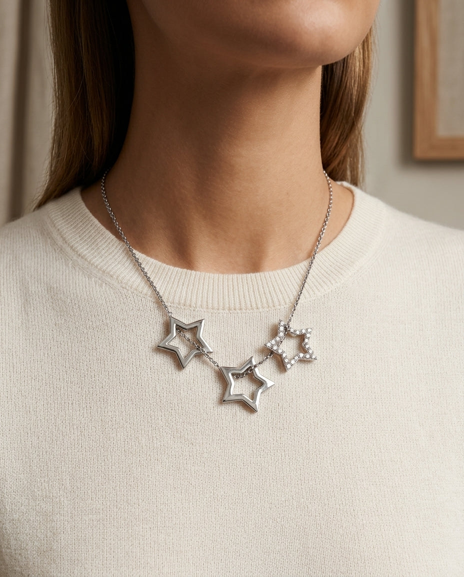 Diamond 3 Star Pendant In 14k White Gold (18-in Curb Chain) — editorial close-up