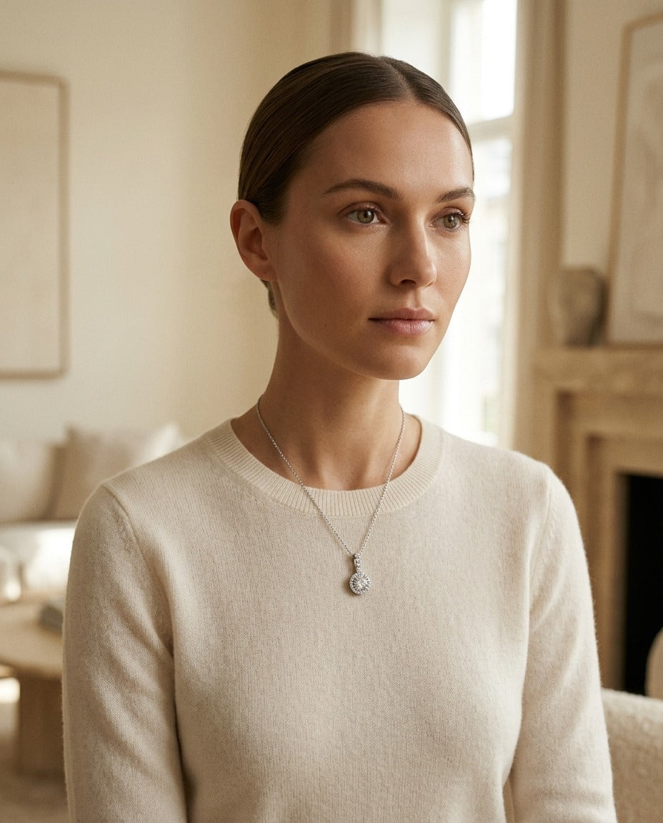 Diamond Round Halo Petite Pendant with Diamond Bail in 14k White Gold — portrait full