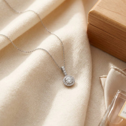 Diamond Round Halo Petite Pendant with Diamond Bail in 14k White Gold — textile flat lay