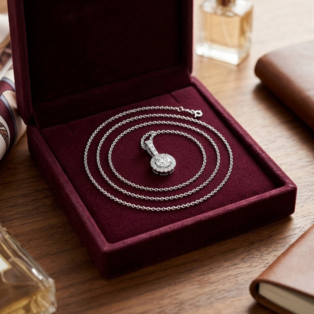 Diamond Round Halo Petite Pendant with Diamond Bail in 14k White Gold — velvet box