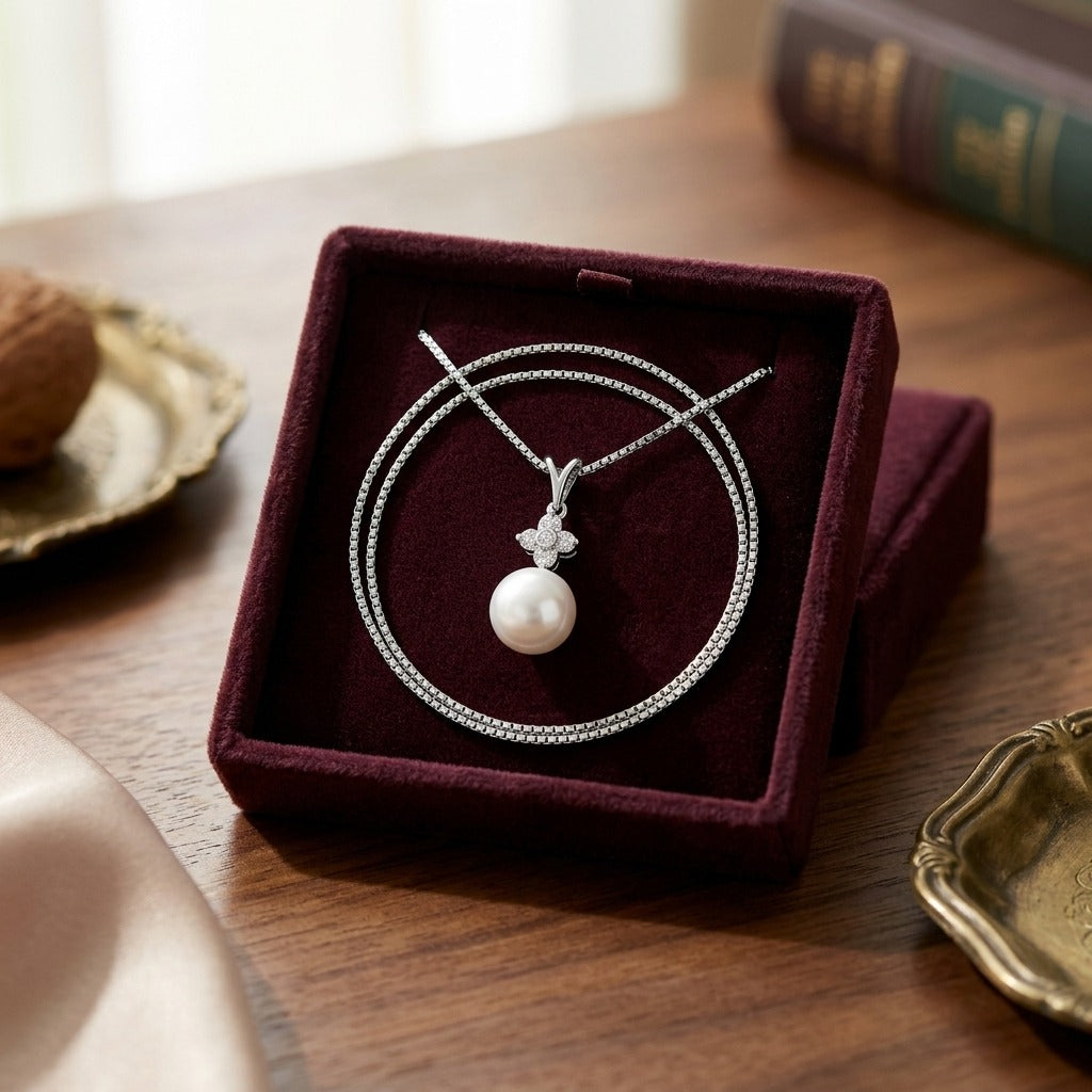 Akoya Pearl And Diamond Pendant In 14k White Gold 1/7ctw — velvet box