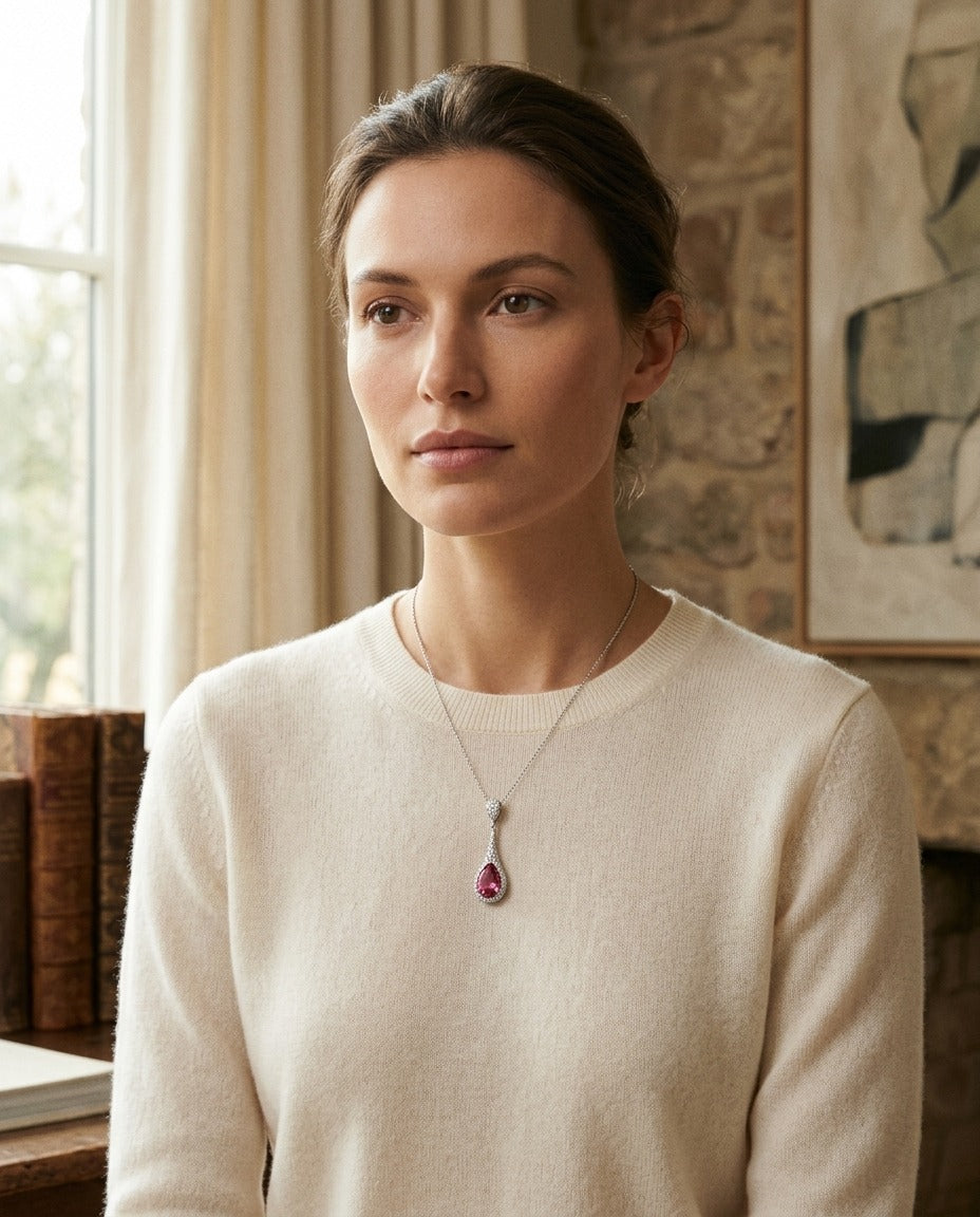 Pink Tourmaline and Diamond Pave Paddle Pendant in 14k White Gold, 16-Inch Chain — portrait close