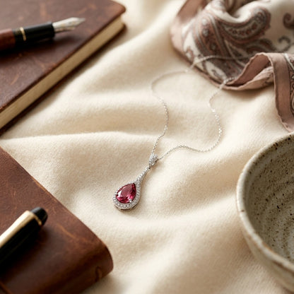 Pink Tourmaline and Diamond Pave Paddle Pendant in 14k White Gold, 16-Inch Chain — textile flat lay