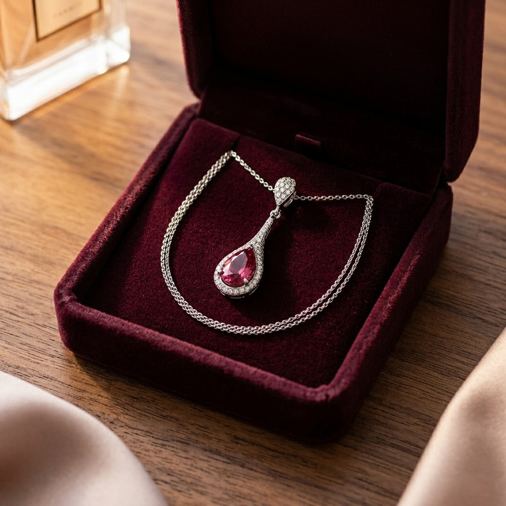 Pink Tourmaline and Diamond Pave Paddle Pendant in 14k White Gold, 16-Inch Chain — velvet box