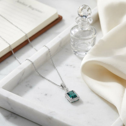 Green Tourmaline And Diamond Emerald Cut Halo Dangle Pendant In 14k White Gold (8x6mm Center) — atelier still life