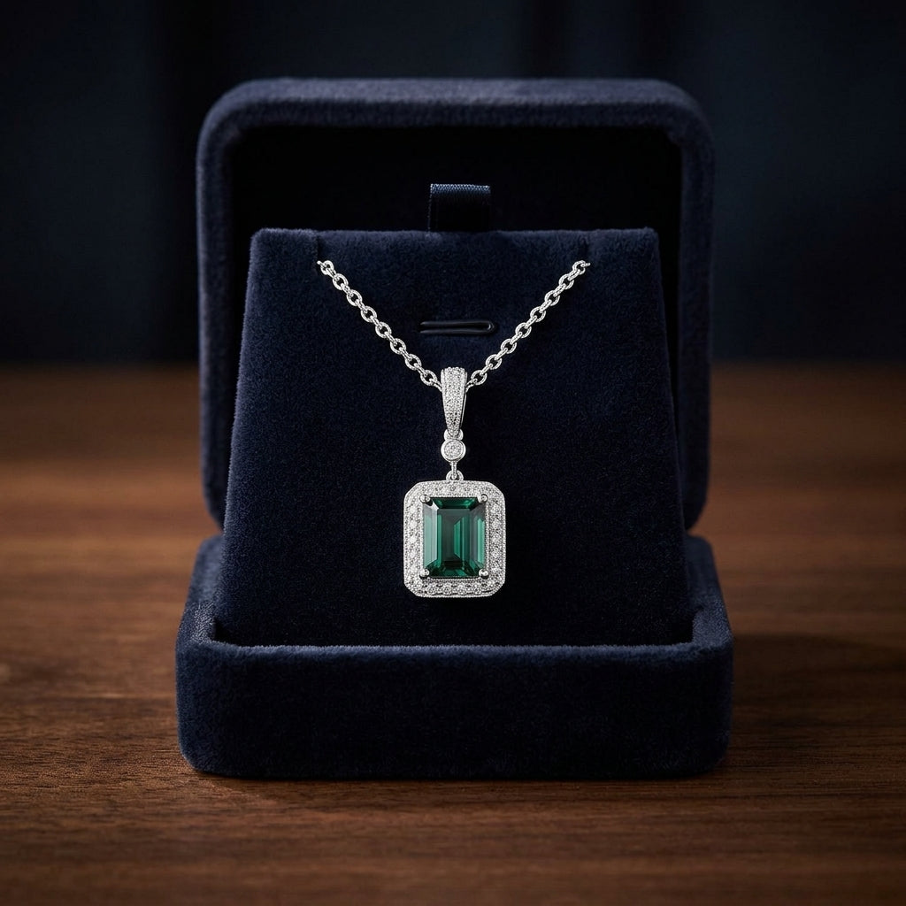 Green Tourmaline And Diamond Emerald Cut Halo Dangle Pendant In 14k White Gold (8x6mm Center) — gift presentation