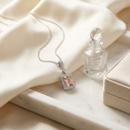 Morganite and Diamond Emerald Cut Halo Dangle Pendant in 14k White Gold (8x6mm Center) — marble silk