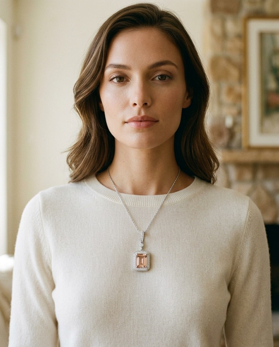 Morganite and Diamond Emerald Cut Halo Dangle Pendant in 14k White Gold (8x6mm Center) — portrait close