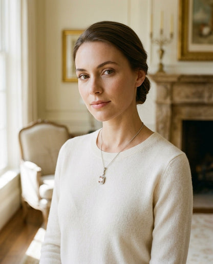 Morganite and Diamond Emerald Cut Halo Dangle Pendant in 14k White Gold (8x6mm Center) — portrait full