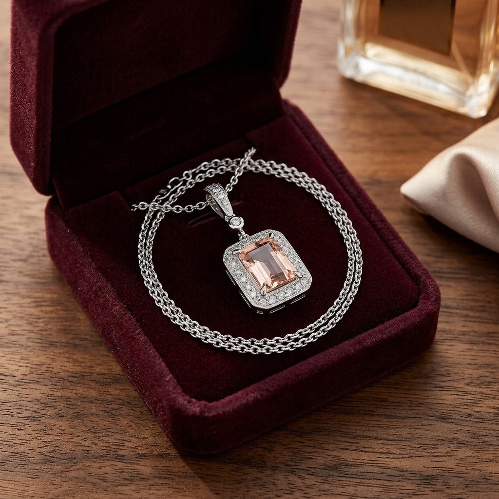 Morganite and Diamond Emerald Cut Halo Dangle Pendant in 14k White Gold (8x6mm Center) — velvet box