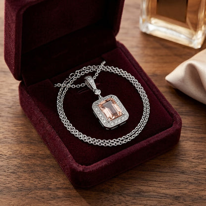 Morganite and Diamond Emerald Cut Halo Dangle Pendant in 14k White Gold (8x6mm Center) — velvet box