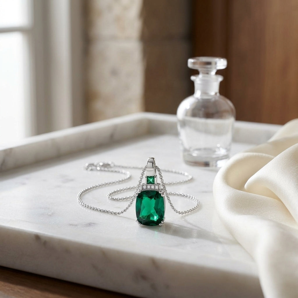 Created Emerald And Diamond Cushion Drop Pendant 14k White Gold (18-in Curb Chain) — atelier still life