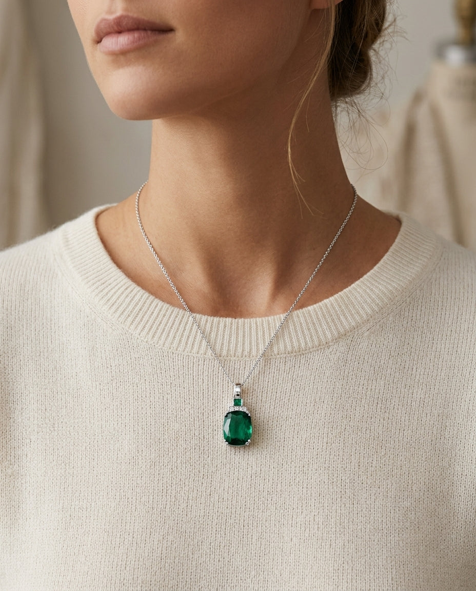 Created Emerald And Diamond Cushion Drop Pendant 14k White Gold (18-in Curb Chain) — editorial close-up