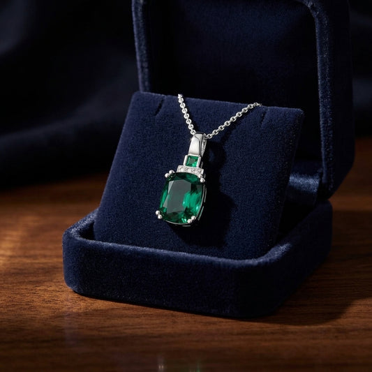 Created Emerald And Diamond Cushion Drop Pendant 14k White Gold (18-in Curb Chain) — gift presentation