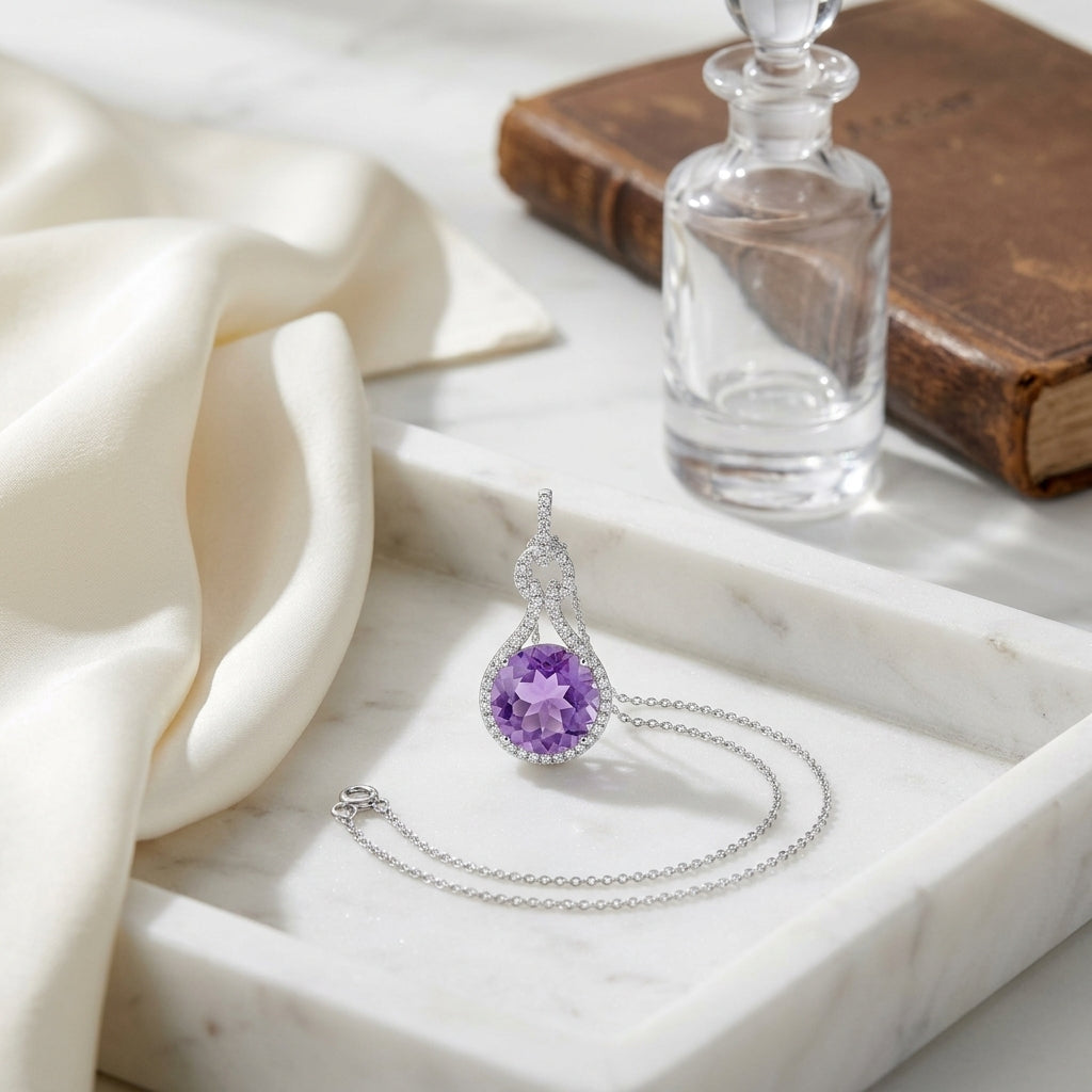 Amethyst And Diamond Pendant In 14k White Gold (10mm) — atelier still life