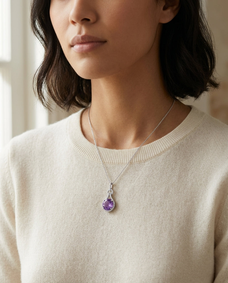 Amethyst And Diamond Pendant In 14k White Gold (10mm) — editorial close-up
