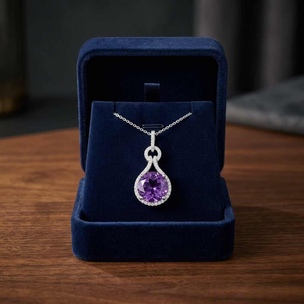 Amethyst And Diamond Pendant In 14k White Gold (10mm) — gift presentation