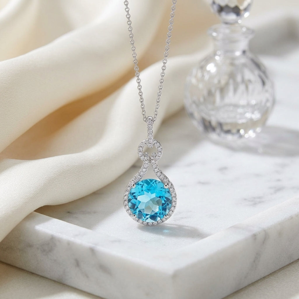 Blue Topaz And Diamond Doorknocker Pendant In 14k White Gold (10mm Round Center) — atelier still life