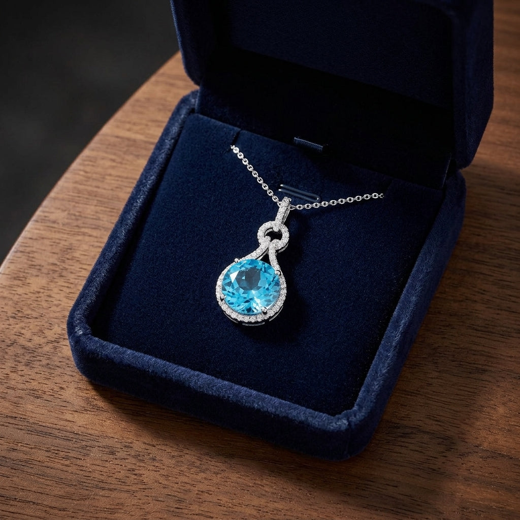 Blue Topaz And Diamond Doorknocker Pendant In 14k White Gold (10mm Round Center) — gift presentation