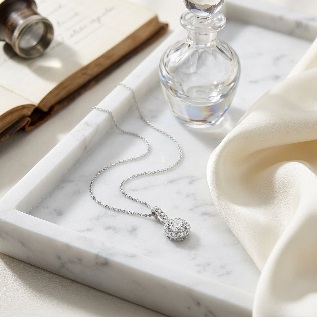 Diamond Halo Pendant With Studded Bale In 14k White Gold 1/2ctw — atelier still life