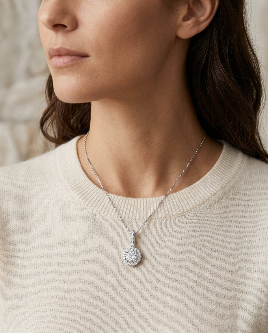 Diamond Halo Pendant With Studded Bale In 14k White Gold 1/2ctw — editorial close-up