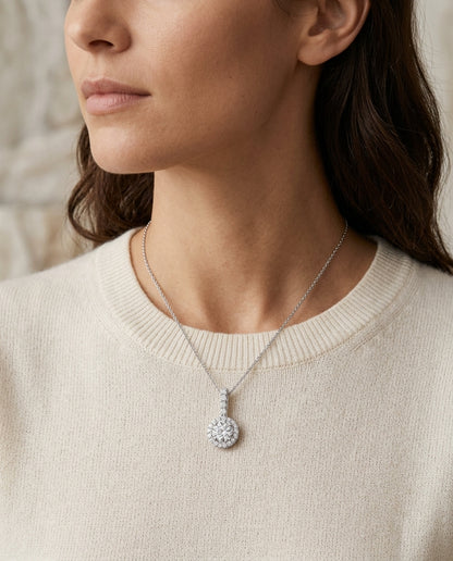 Diamond Halo Pendant With Studded Bale In 14k White Gold 1/2ctw — editorial close-up