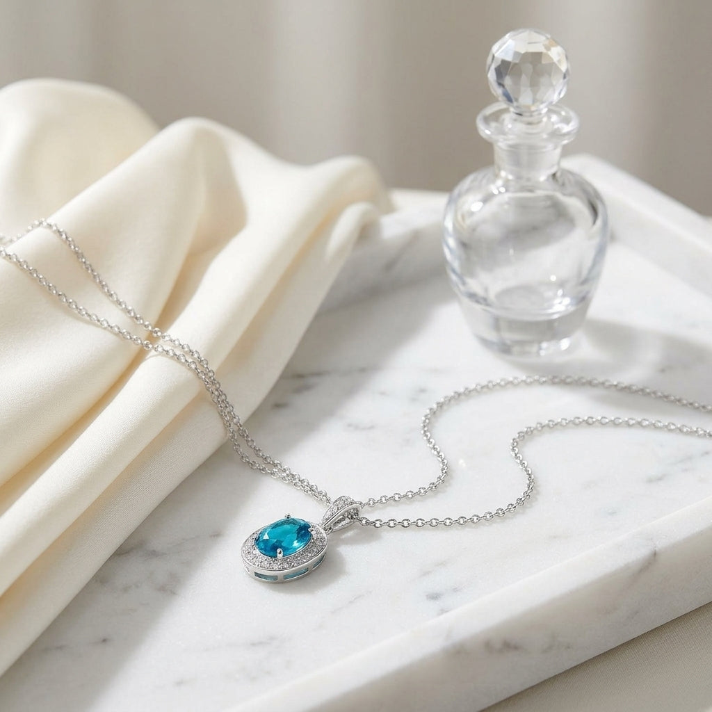 Aquamarine And Diamond Oval Halo Pendant With Tapered Pave Bail In 14k White Gold (8x6mm) — atelier still life