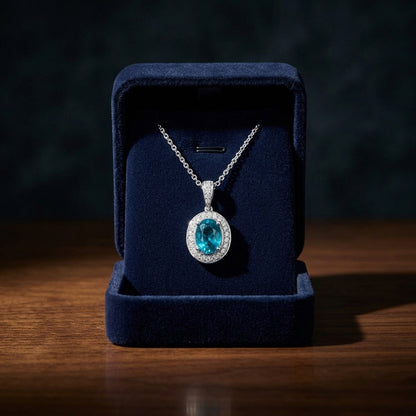 Aquamarine And Diamond Oval Halo Pendant With Tapered Pave Bail In 14k White Gold (8x6mm) — gift presentation