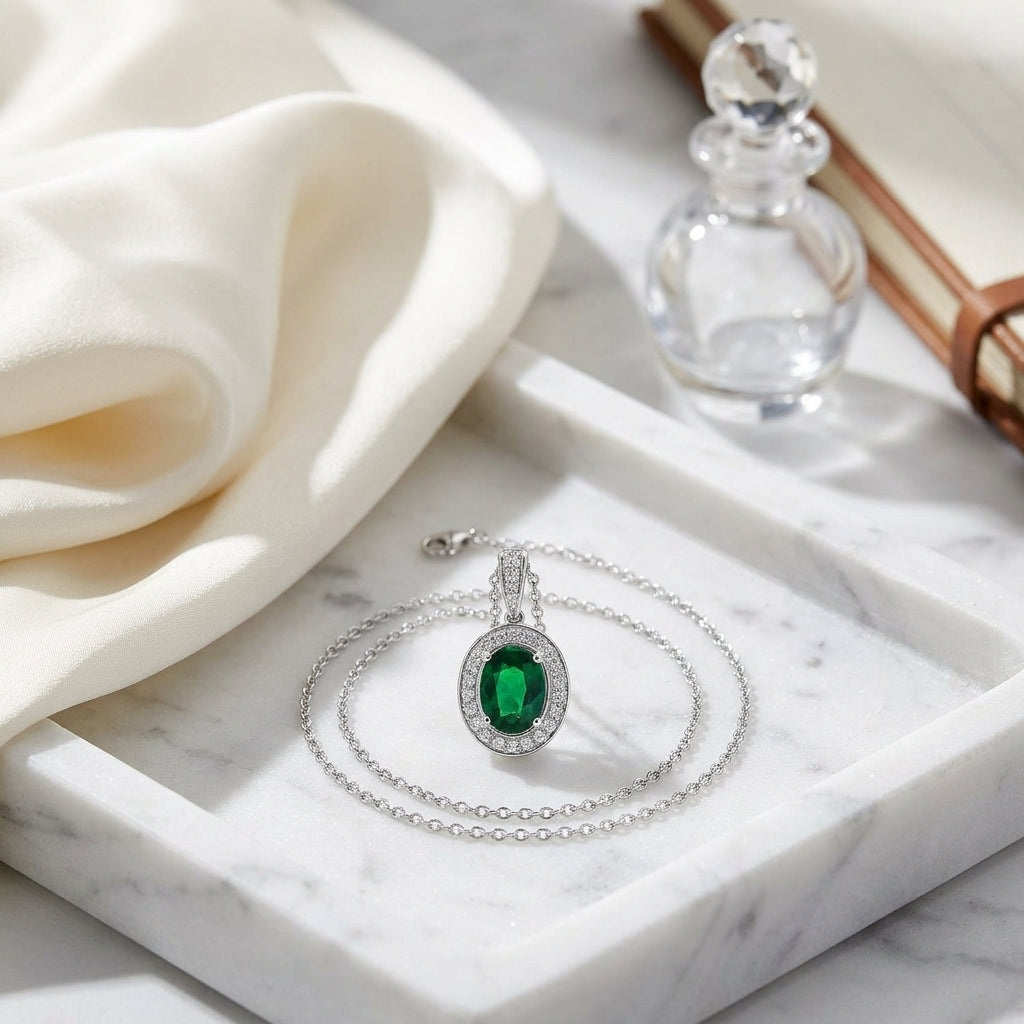 Created Emerald And Diamond Oval Halo Dangle Pendant In 14k White Gold 18-in Chain — atelier still life