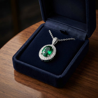 Created Emerald And Diamond Oval Halo Dangle Pendant In 14k White Gold 18-in Chain — gift presentation
